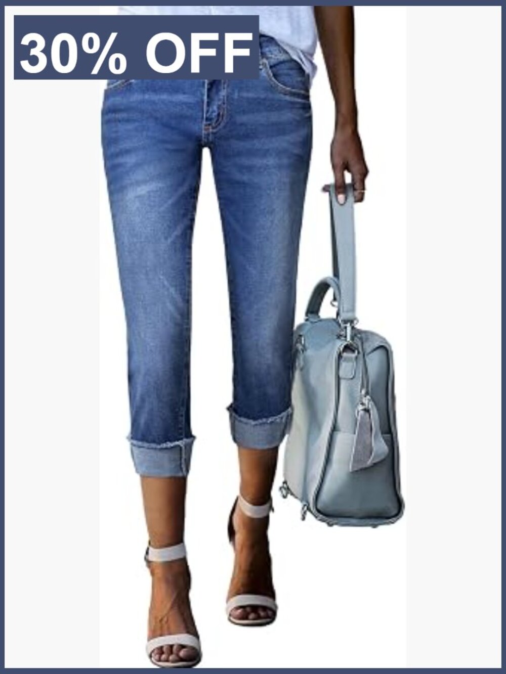 High Waisted Capri Skinny Jeans Stretch Denim Roll Hem Cuffed Summer